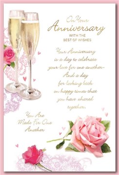 Open Wedding Anniversary Card - Champagne Glasses Flowers Gold Foil Verse 9x6" Open Wedding Anniversary Card - Champagne Glasses Flowers Gold Foil Verse 9x6"