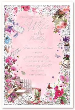 Wife Birthday Card - Garden Theme Flowers Butterflies and Silver Foil Verse 9x6" Wife Birthday Card - Garden Theme Flowers Butterflies and Silver Foil Verse 9x6"