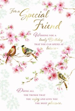 Special Friend Birthday Card - Birds on Blossom Tree with Gold Foil & Verse 9x6"