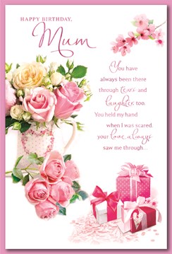 Mum Birthday Card - Pink Roses in Jug with Presents and Pink Foil Verse 9x6" Mum Birthday Card - Pink Roses in Jug with Presents and Pink Foil Verse 9x6"