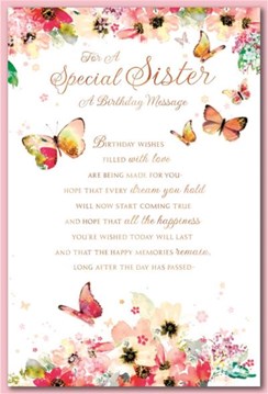 Special Sister Birthday Card - Flowers and Butterflies with Gold Foil Verse 9x6"