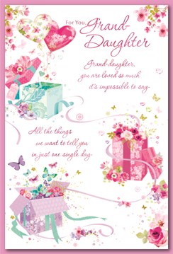 Granddaughter Birthday Card - Balloons Boxes Flowers Butterflies Foil Verse 9x6"