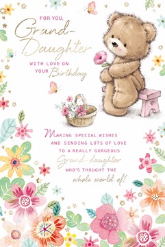 Granddaughter Birthday Card - Cute Bear Flower Border & Gold Foil Verse 9x6"