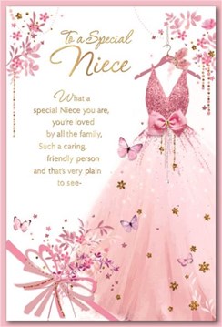 Niece Birthday Card - Pink Dress Flowers Butterflies and Gold Foil 9x6"