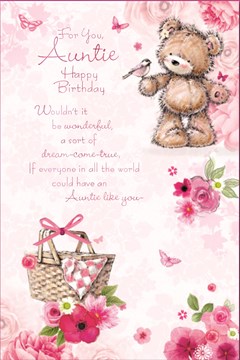 Auntie Birthday Card - Cute Bear with Bird and Flowers Pink Foil Verse 9x6"