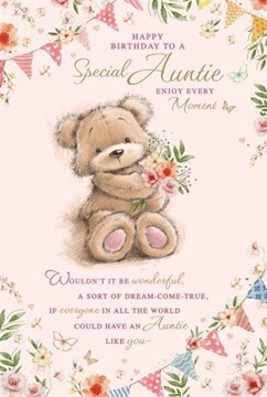 Auntie Birthday Card - Cute Bear with Flowers Bunting Butterflies & Verse 9x6"