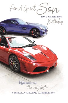 Son Birthday Card - Blue and Red Sports Cars with Silver Foil 9x6"