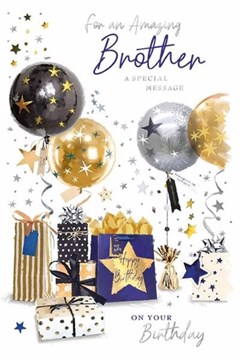 Brother Birthday Card & Insert Blue Gift Bag Black Gold Silver Balloons Foil 9x6