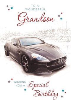 Grandson Birthday Card - Black Sports Car with Blue Red Stars & Red Foil 9x6"