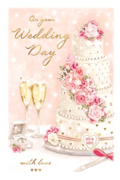 Wedding Day Card with Verse - Pink Rose Cake with Champagne Glasses Foil 9x6"