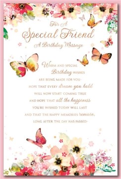 Special Friend Birthday Card - Flowers and Butterflies with Gold Foil Verse 9x6"
