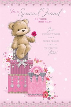 Special Friend Birthday Card - Cute Bear & Pink Rose Sat on Boxes with Foil 9x6" Special Friend Birthday Card - Cute Bear & Pink Rose Sat on Boxes with Foil 9x6"