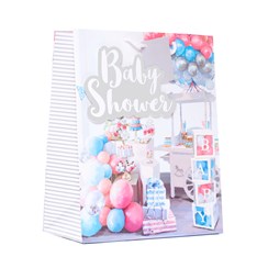 Medium Baby Shower Gift Bag - Pink Blue Balloons with Glitter Silver Foil 9x7"