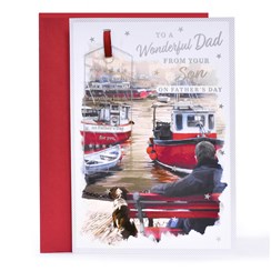 Dad Father's Day Card - Man & Dog by Harbour Scene Silver Foil 9.5x6.75" Dad Father's Day Card - Man & Dog by Harbour Scene Silver Foil 9.5x6.75"