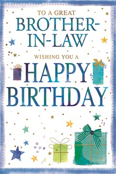 Brother-in-Law Birthday Card - Blue Green Presents and Stars with Gold Foil 9x6"
