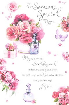 Someone Special Birthday Card - Pink Lilac Roses Butterflies Perfume & Foil 9x6"