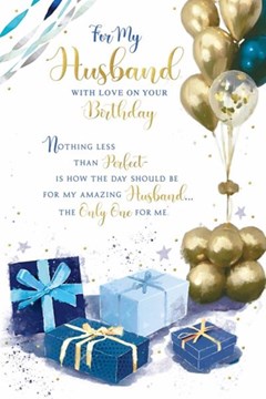 Husband Birthday Card - Blue Presents and Gold Balloons with Gold Foil 9x6 "