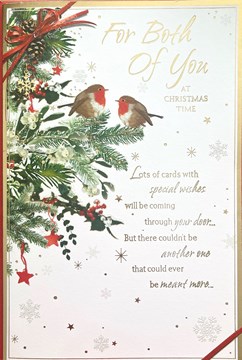 To Both of You Christmas Card - Robins on Holly Tree with Gold Foil Verse 9x6"