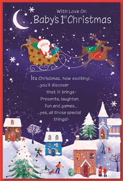 Baby's First Christmas Card - Santa in Sleigh at Night with Glitter & Foil 9x6" Baby's First Christmas Card - Santa in Sleigh at Night with Glitter & Foil 9x6"