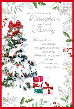 Daughter & Family Christmas Card - Snowy Tree Holly Border and Silver Foil 9x6"