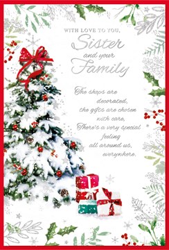 Sister & Family Christmas Card - Christmas Tree & Gifts with Foil 9x6"