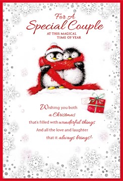 Special Couple Christmas Card Penguins in Red Scarf Silver Glitter Red Foil 9x6"