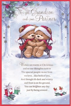 Grandson & Partner Christmas Card - Bears on Bench with Verse & Silver Foil 9x6"