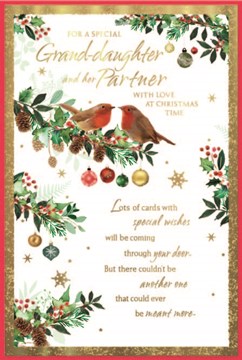 Granddaughter & Partner Christmas Card - Robins Holly Tree Gold Foil Verse 9x6"