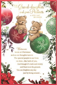 Granddaughter & Partner Christmas Card - Bears on Baubles Verse Gold Foil 9x6"