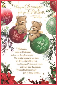 Grandson & Partner Christmas Card - Bears on Baubles Verse Gold Foil 9x6"