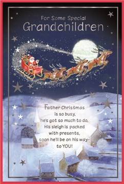 Grandchildren Christmas Card - Santa in Sleigh at Night with Silver Foil 9x6"