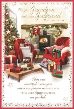 Grandson & Girlfriend Christmas Card with Insert - Living Room & Gold Foil 9x6"