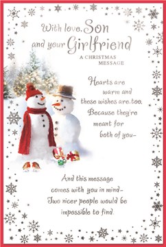 Son & Girlfriend Christmas Card with Insert - Snowman Couple Silver Foil 9x6"