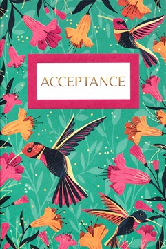 Open Acceptance Card & Envelope - Green with Orange Pink Flowers Birds 5.5x3.5"
