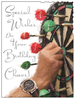 Jonny Javelin Open Male Birthday Card - Man, Red Darts & Dartboard 7.25" x 5.5"
