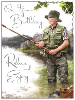 Jonny Javelin Open Male Birthday Card - Man & Fishing Rod In River 7.25" x 5.5"
