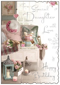 Jonny Javelin Daughter Birthday Card - Sofa, Tulips, Gifts & Candles 9" x 6.25" Jonny Javelin Daughter Birthday Card - Sofa, Tulips, Gifts & Candles 9" x 6.25"