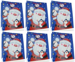 Set of 6 Large Christmas Gift Bags with Rope Handle & Tag - Blue with Santa