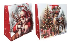Set of 2 Midi Jumbo Christmas Gift Bags Ribbon Handle Tag - Santa & Reindeer