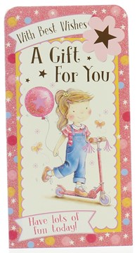 Open Money Wallet Gift Card & Envelope - Girl on Scooter, Foil & Glitter 7x3.5"