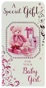 Money Wallet Gift Card & Envelope - New Baby Girl With Pink Foil 7x3.5"
