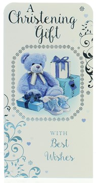 Money Wallet Gift Card & Envelope - Christening Boy With Blue Foil 7x3.5"