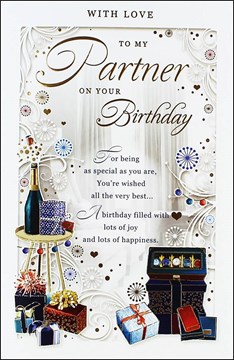 Partner Birthday Card - Happy Birthday Watch Box, Wine & Presents 10.75" x 7"