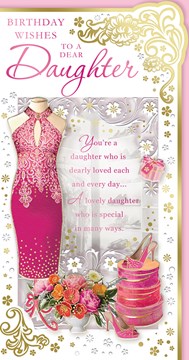 Daughter Birthday Card - Pink Dress Flowers High Heels with Gold Foil 9x4.75"