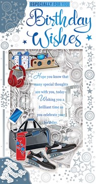Open Male Birthday Card - Gym Bag Stars and Blue Foil 9" x 4.75" Open Male Birthday Card - Gym Bag Stars and Blue Foil 9" x 4.75"