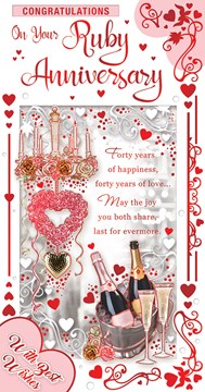 Ruby 40th Wedding Anniversary Card - Champagne and Hearts with Red Foil 9x4.75"