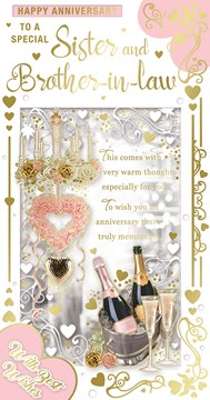 Sister & Brother-in-Law Anniversary Card - Champagne and Hearts with Foil 9x4.75
