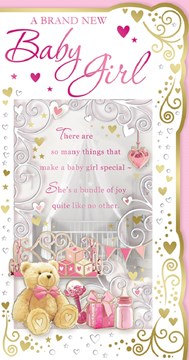 Birth Of Baby Girl Greetings Card - Pink Teddy, Gift, Bottle & Toys 9" x 4.75"