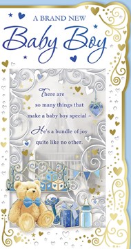 Birth of Baby Boy Greetings Card - Teddy Bottle & Toys with Gold Foil 9" x 4.75"