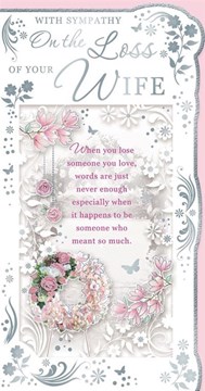 Loss of Your Wife Sympathy Card - Pink  Flower Wreath Foil Butterflies 9x4.75"